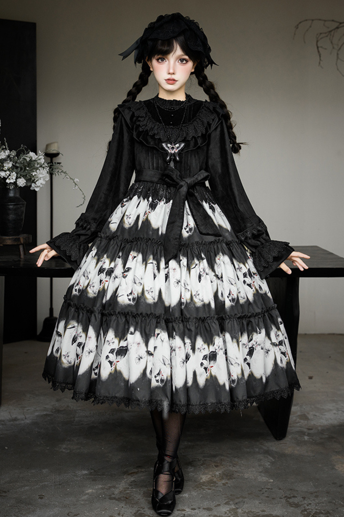 シックバタフライプリントスイングロリータドレス+ジャンパースカート+ヘアバンド+インナー+リボン