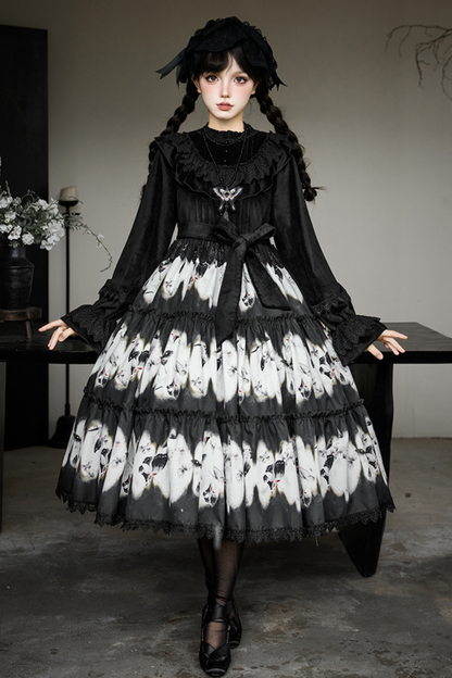 シックバタフライプリントスイングロリータドレス+ジャンパースカート+ヘアバンド+インナー+リボン