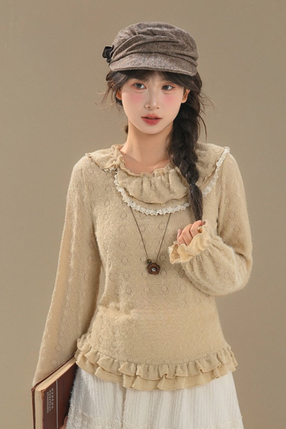 レースカラーロングスリーブトップス