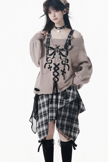 One-Shoulder Ribbon Top + Checked Asymmetrical Skirt