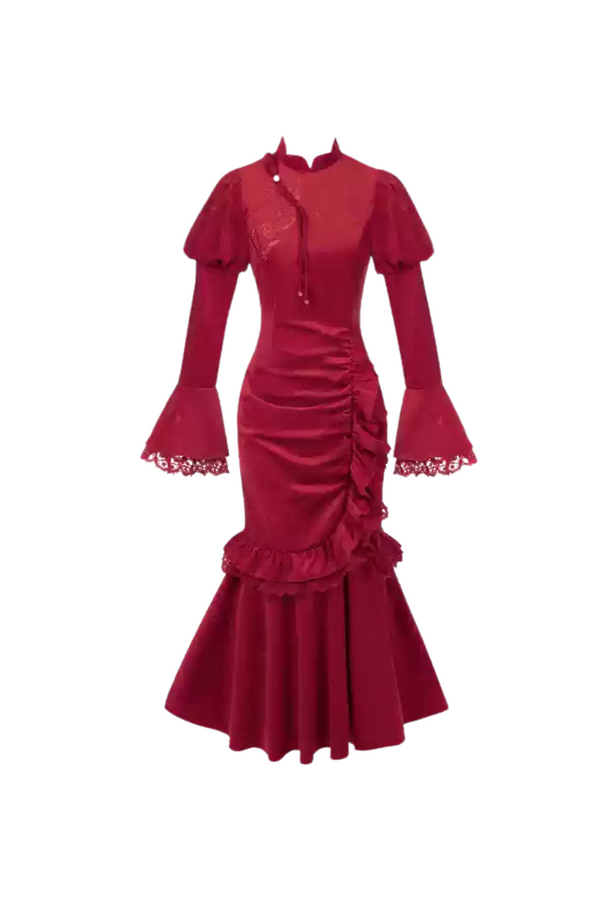 Velvet Fishtail Chinese Dress + Fur Shawl