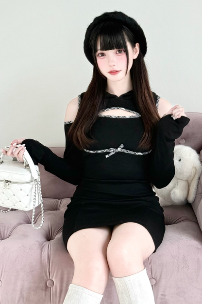 Off-the-shoulder Little Ribbon Hooded Dress