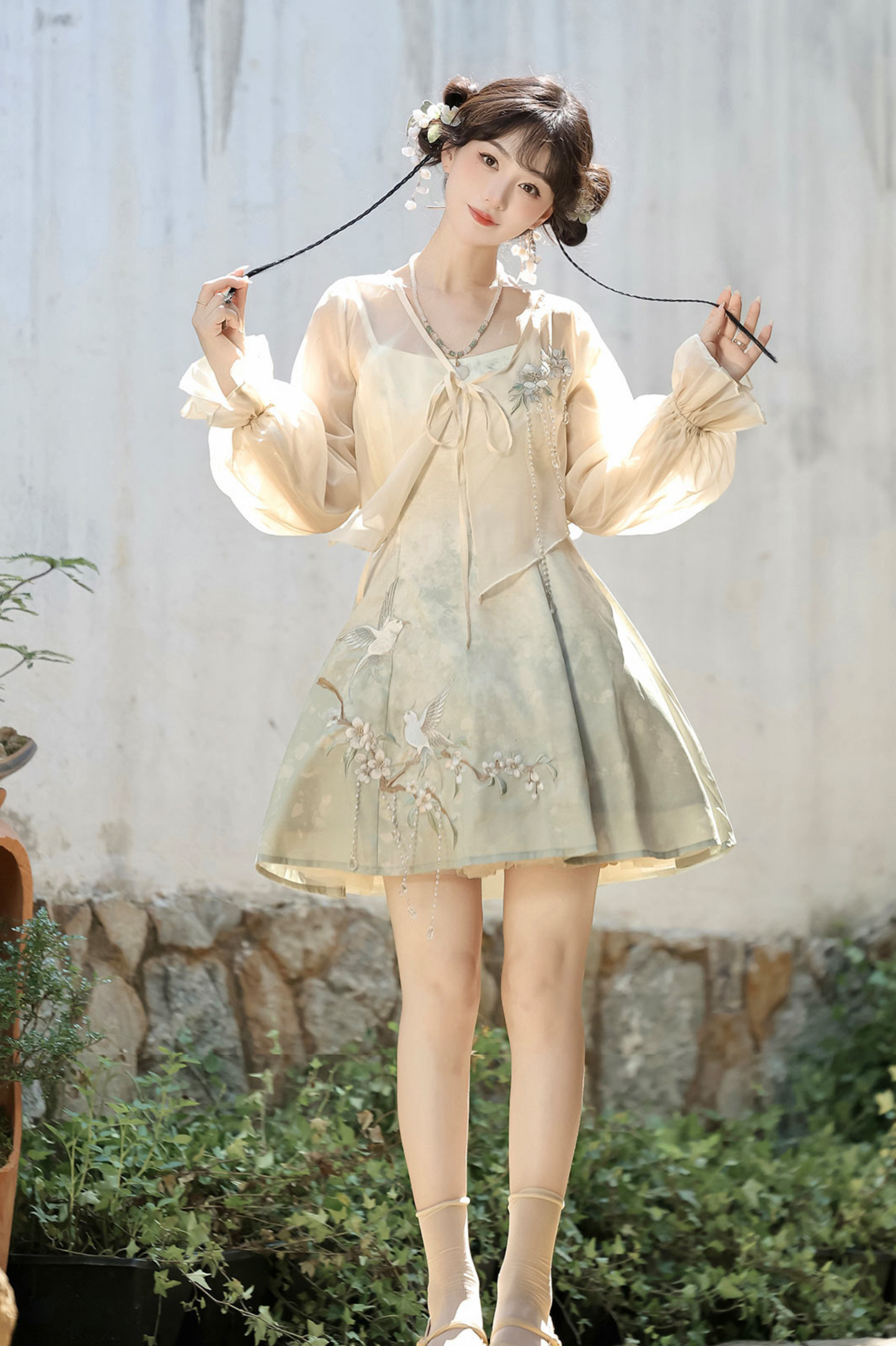 China Gradient Flower Retro Dress + Sheer Cardigan