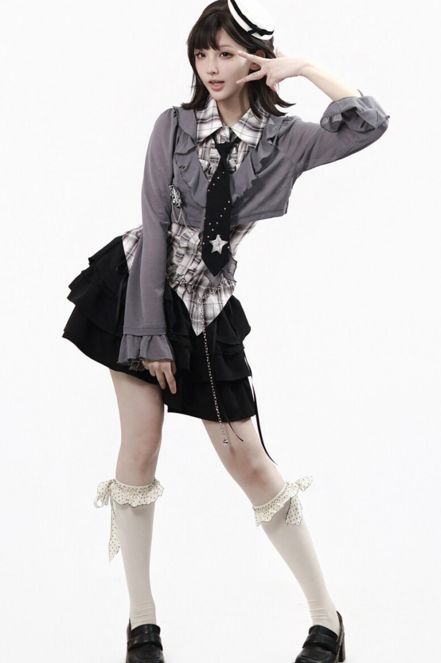Plaid Sleeveless Shirt + Top + Tiered Skirt