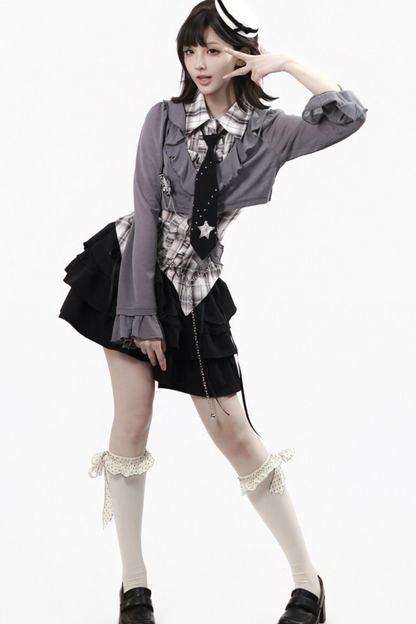 Plaid Sleeveless Shirt + Top + Tiered Skirt