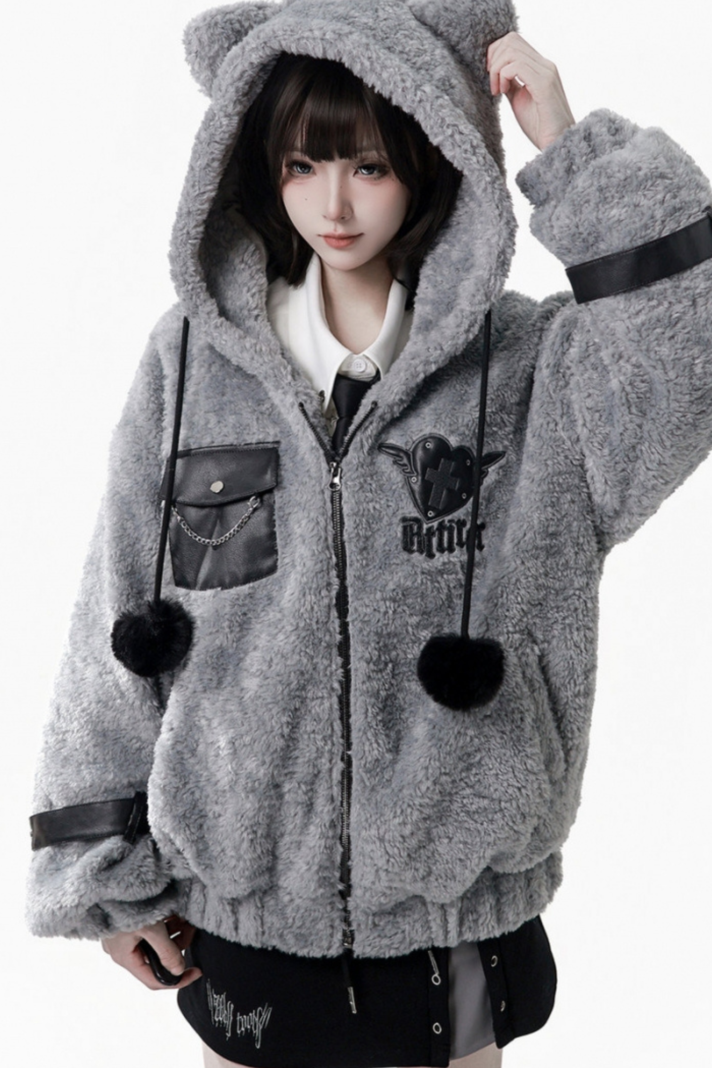 パッチワークファーフードコート+パンツ+シャツ+スカート+レッグカバー