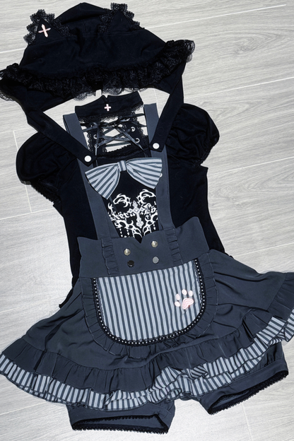 キュートキャットパフスリーブトップス+サスペンダースカート+パンツ+ハット