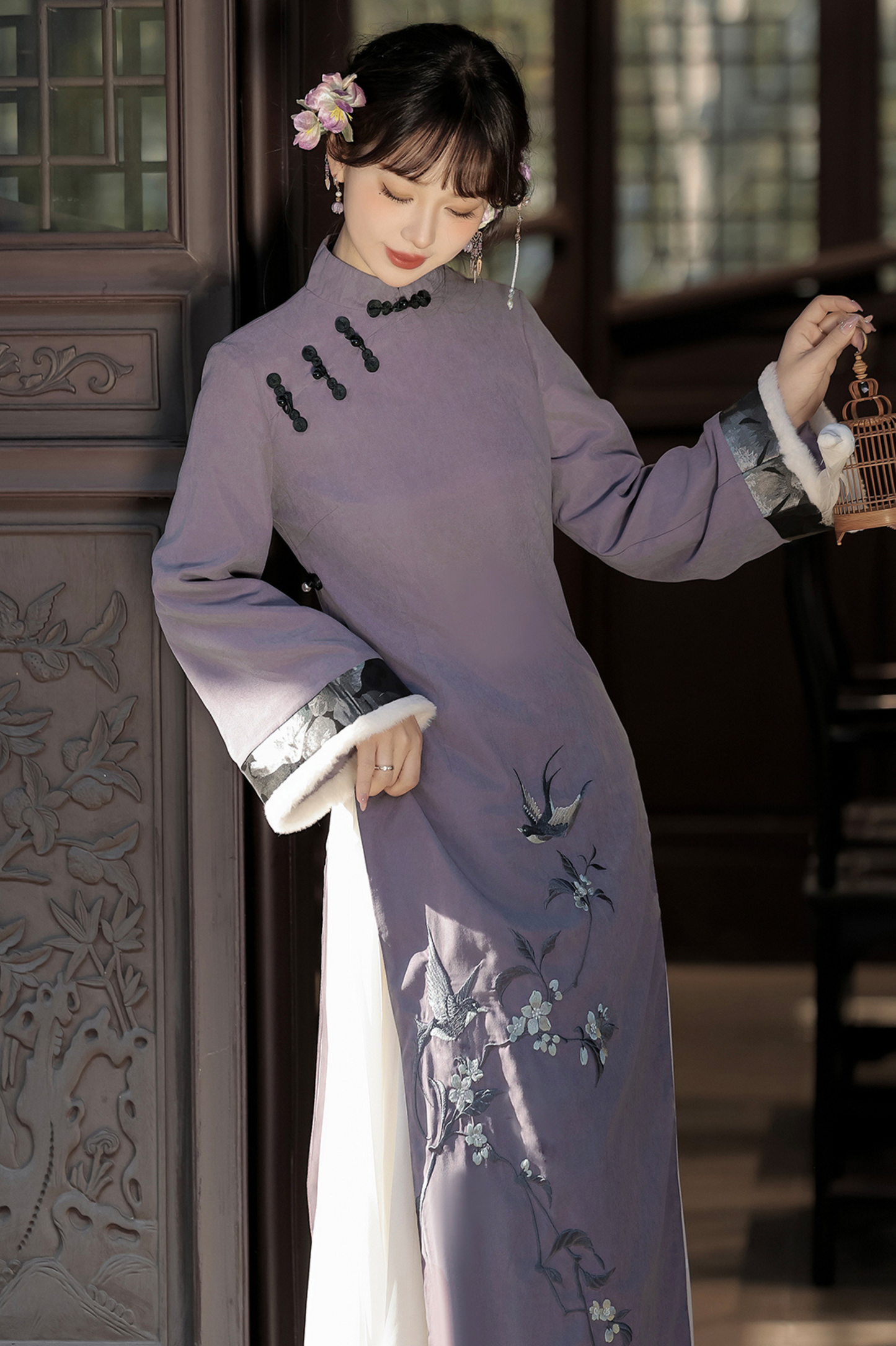 Retro China Dark Long Dress + China Shawl + Skirt