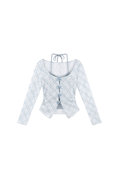 Blue Check French Sleeve Ensemble Top + Flared Skirt