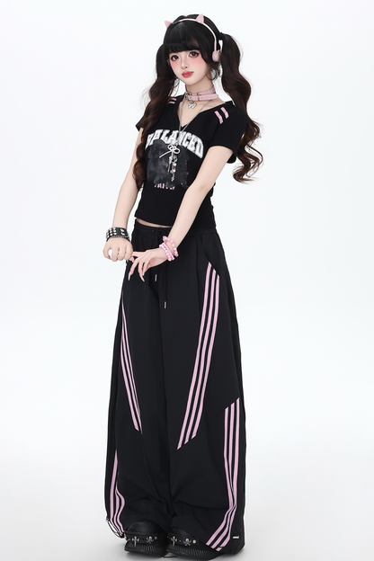 ホットガールVネックブラックピンクトップス