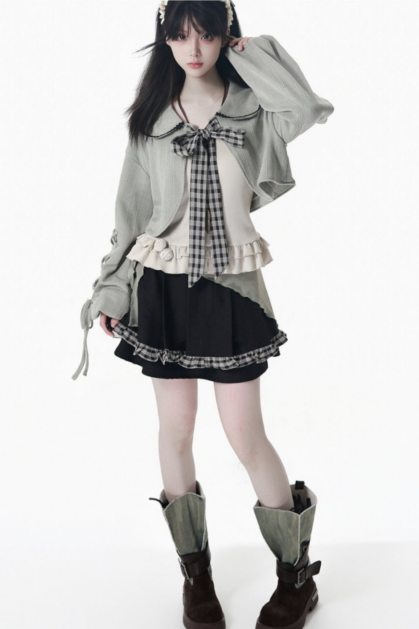 Check Ribbon Camisole Two Piece Jacket + Cape Coat + Skirt
