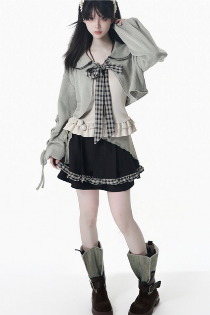 Check Ribbon Camisole Two Piece Jacket + Cape Coat + Skirt