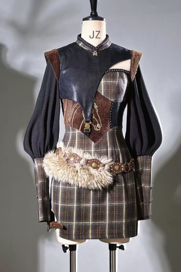 Check Leather Mode Punk Dress