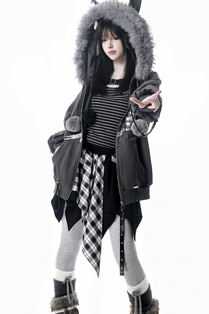 ファーボールファーフードジャケット+トップス+スカート