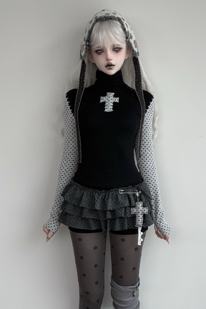 クロスドットタートルネックトップス+スカート+ペンダント