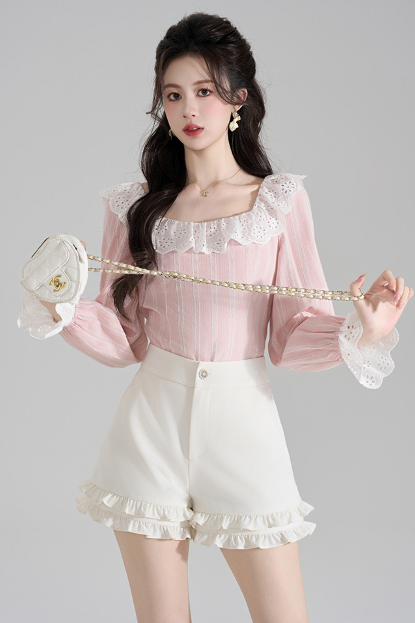 Pink Striped Lace Trim Blouse + Ruffled Shorts