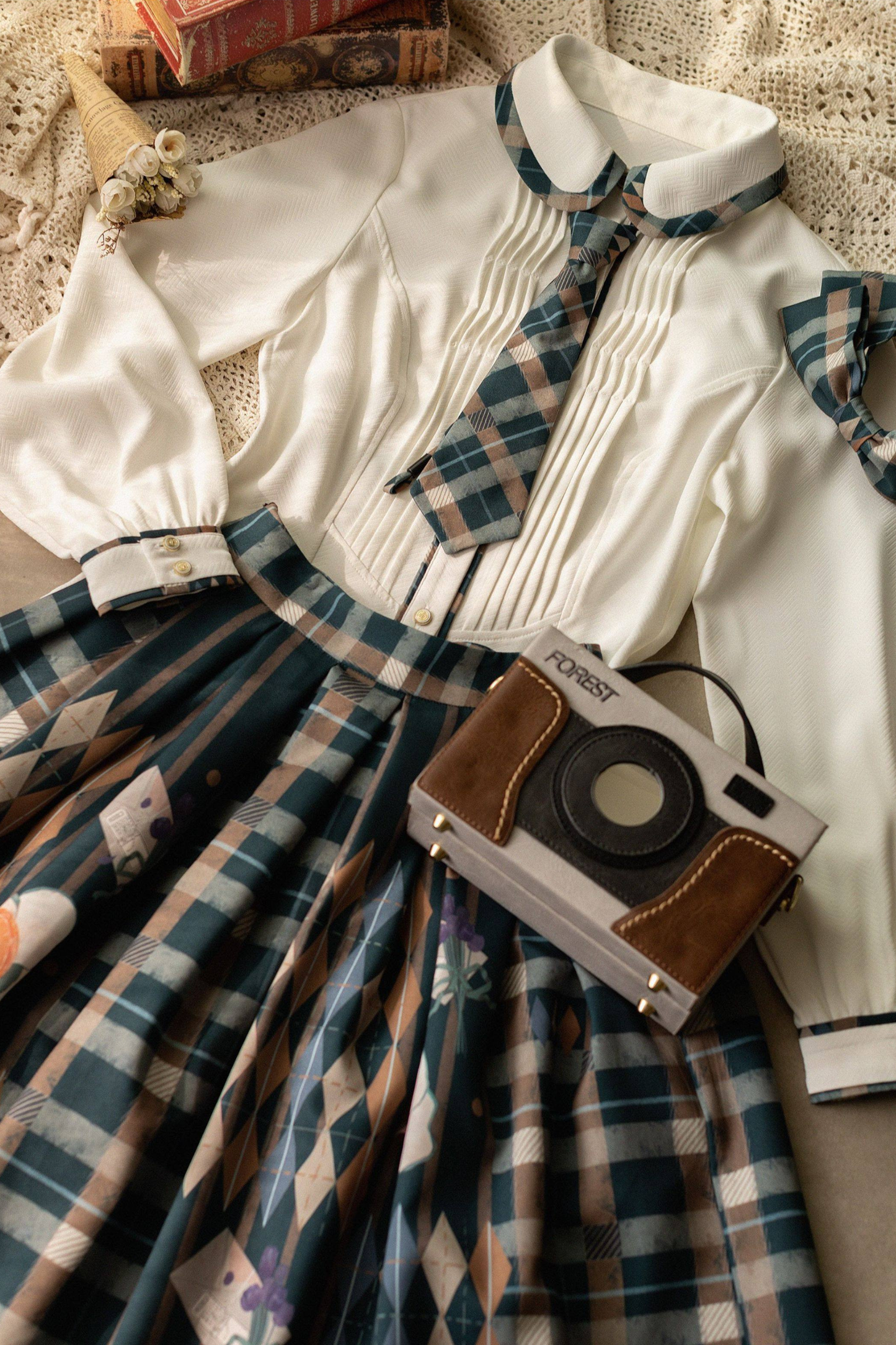 Retro Classic Forest Academy Shirt + Vest + Check Skirt