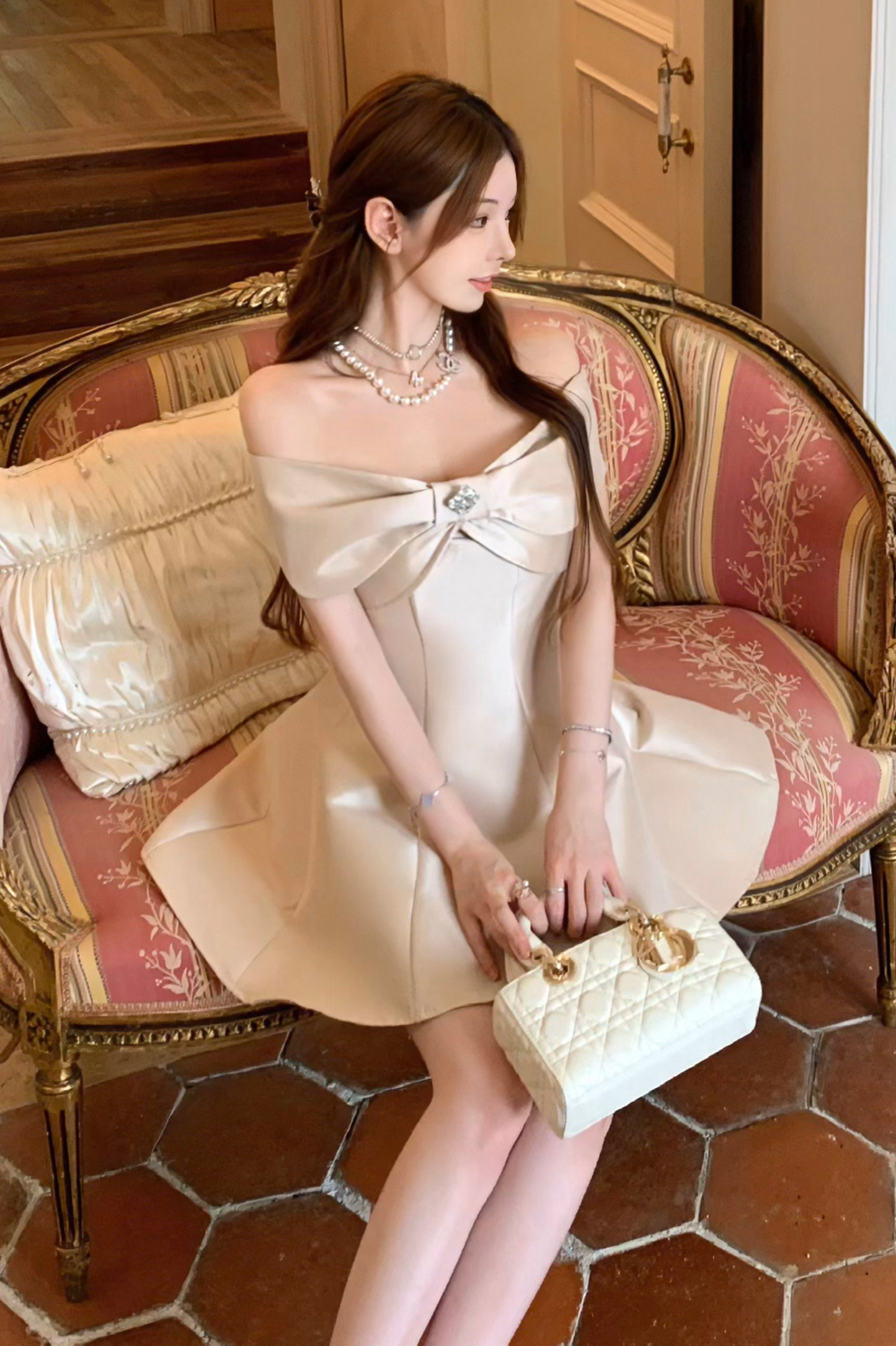 オフショルダーリボンショートフレアドレス＋ロングフレアドレス