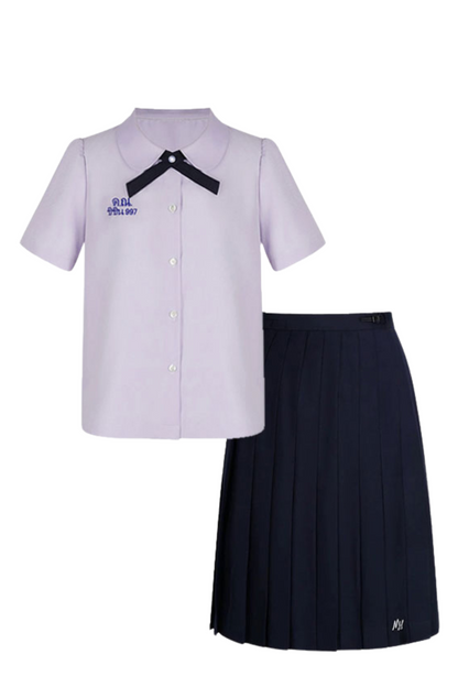 College ribbon tie shirt + pleated skirt