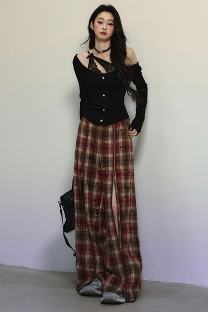 Academy Gallery Loose Lazy Style Slit Check Pants