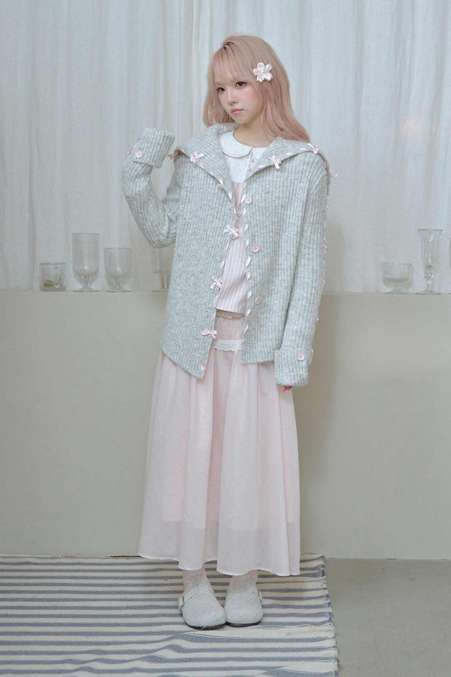 レースアップラインリボンニットカーディガン