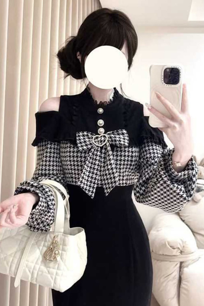 Chidori Plaid Dark Off-the-shoulder Dress