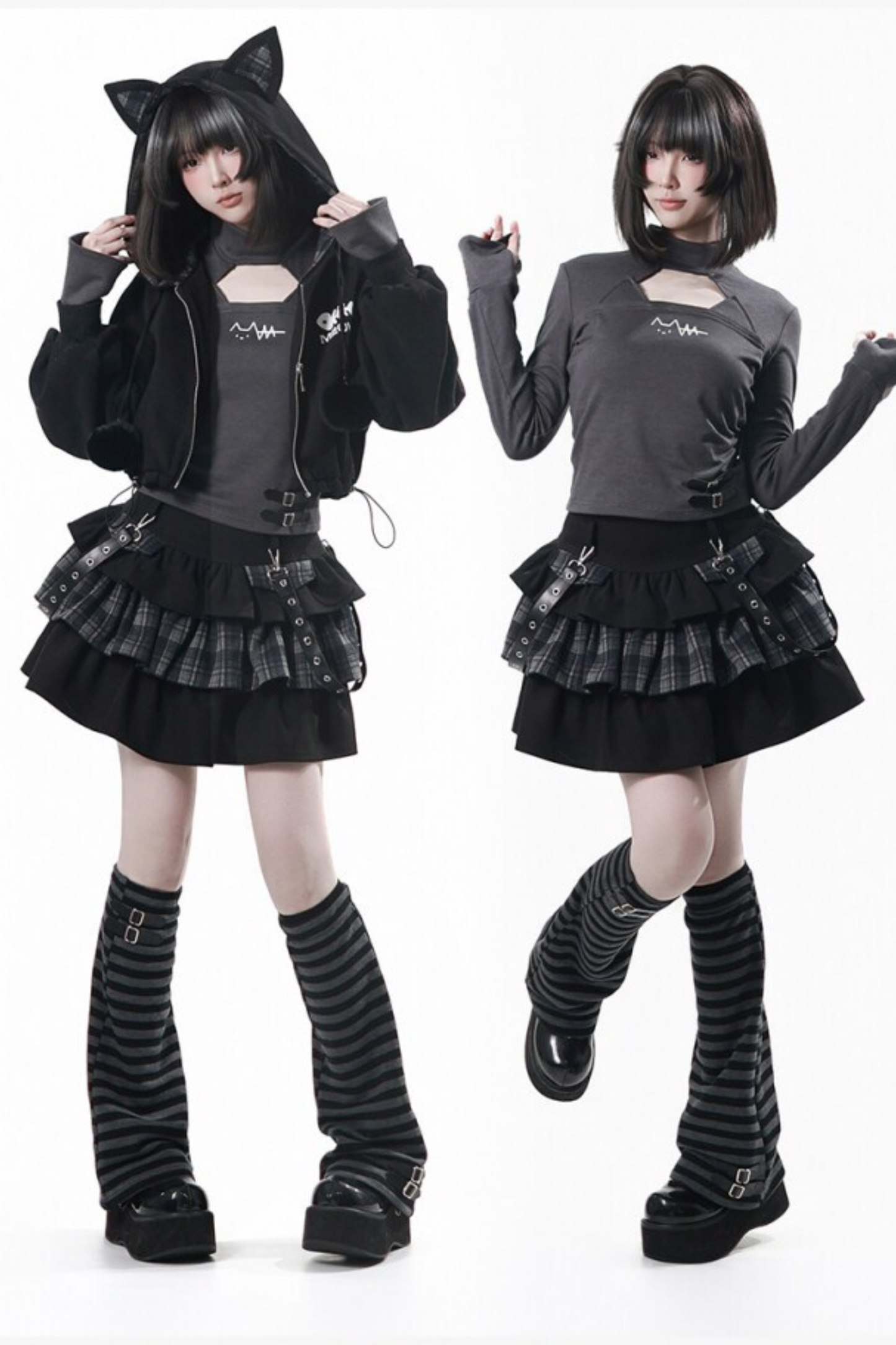 貓耳外套+蛋糕裙+上衣+條紋腿套