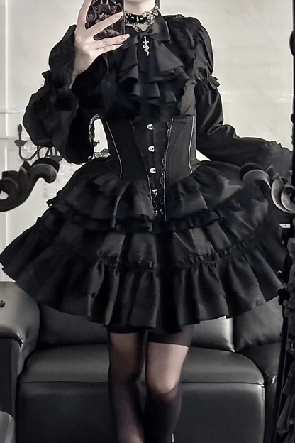 ゴシックフィッシュボーンスカート+シャツ+リボンカラー