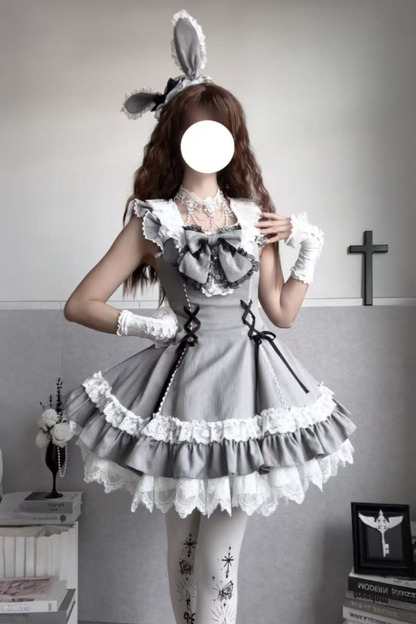 スイートロリータストライプジャンパースカートス+ラビットハット