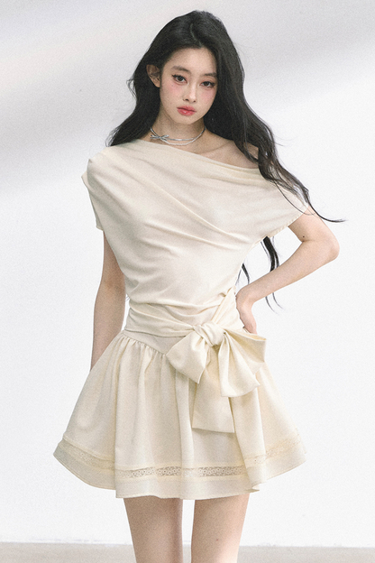 ウエストスリムパフィーオフショルダードレス