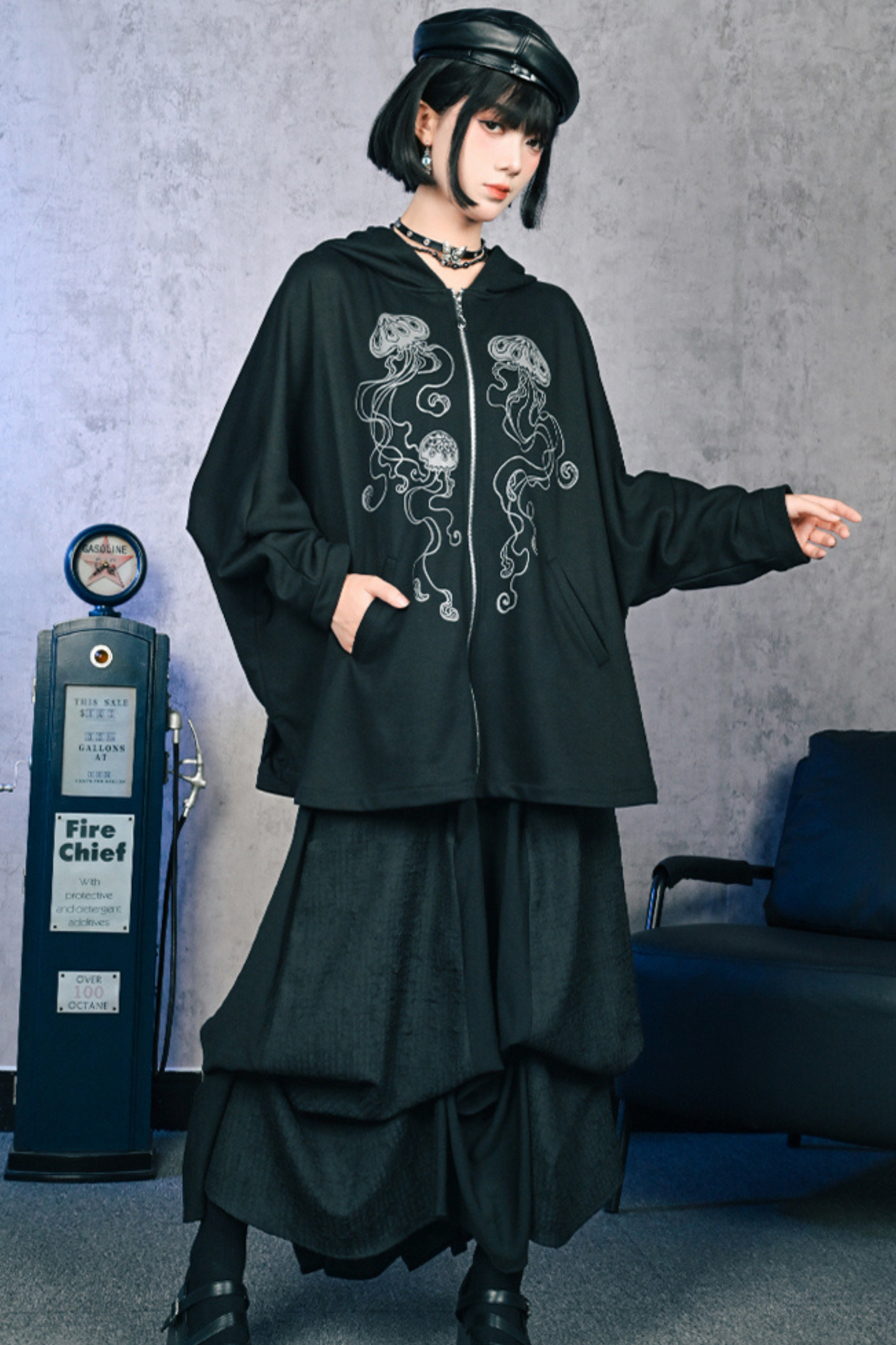 Draped Bat Sleeve Printed Hooded Hoodie