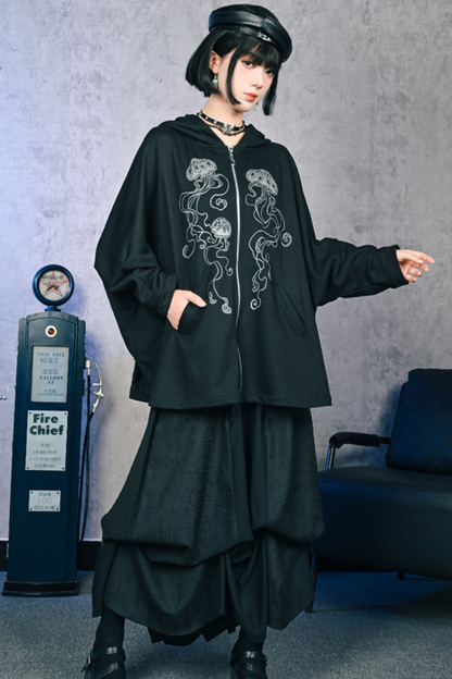 Draped Bat Sleeve Printed Hooded Hoodie