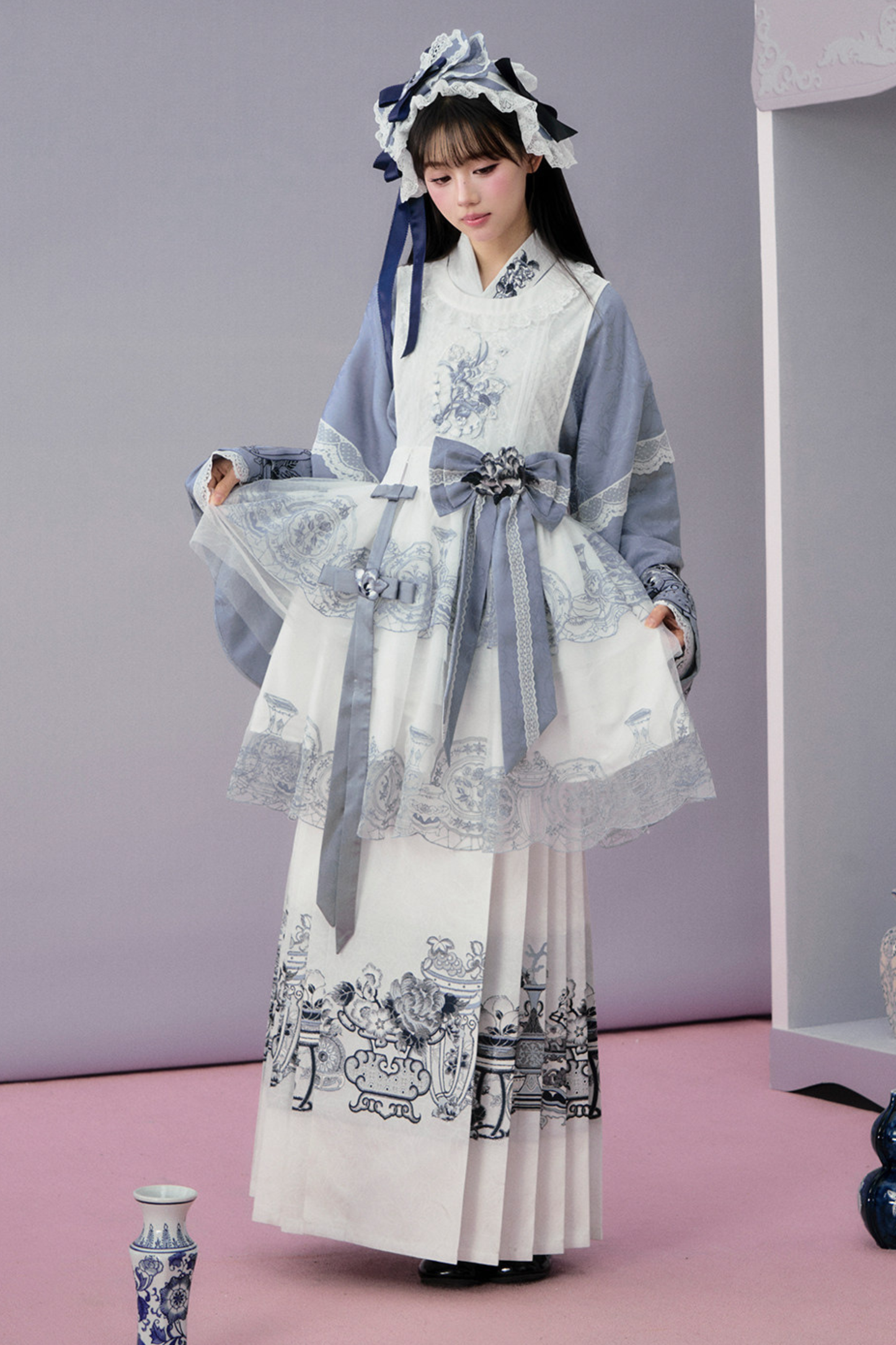 귀여운 차이나 재킷 + 스커트 + 오버스커트 + 리본 + 브로치 + 헤어밴드