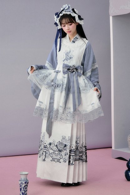 귀여운 차이나 재킷 + 스커트 + 오버스커트 + 리본 + 브로치 + 헤어밴드