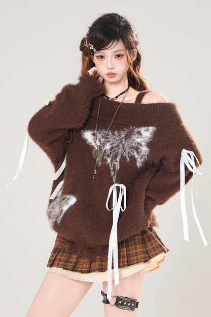 リボンオフショルダーニット