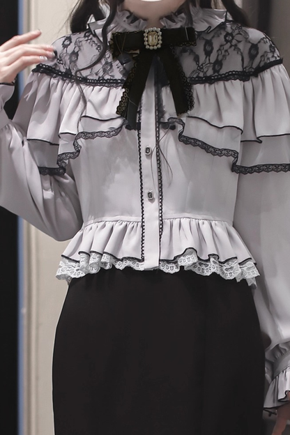 シフォンレースシャツ+フィッシュテールスカート+リボン