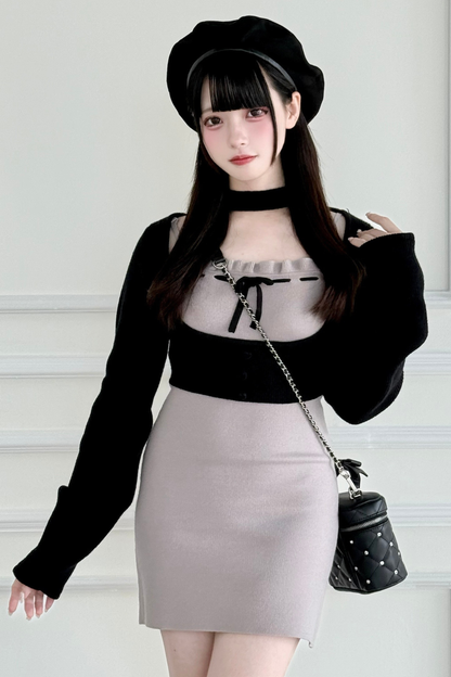 ショートニットカーディガン+タイトドレス