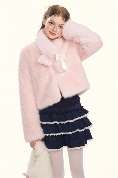 Sweet fur short coat + ribbon scarf