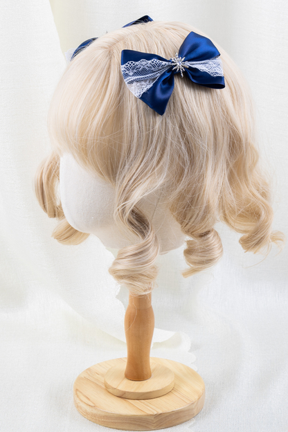 ネイビーブルーロリータボンネット+ヘアバンド+ハットクリップ+リボンクリップ