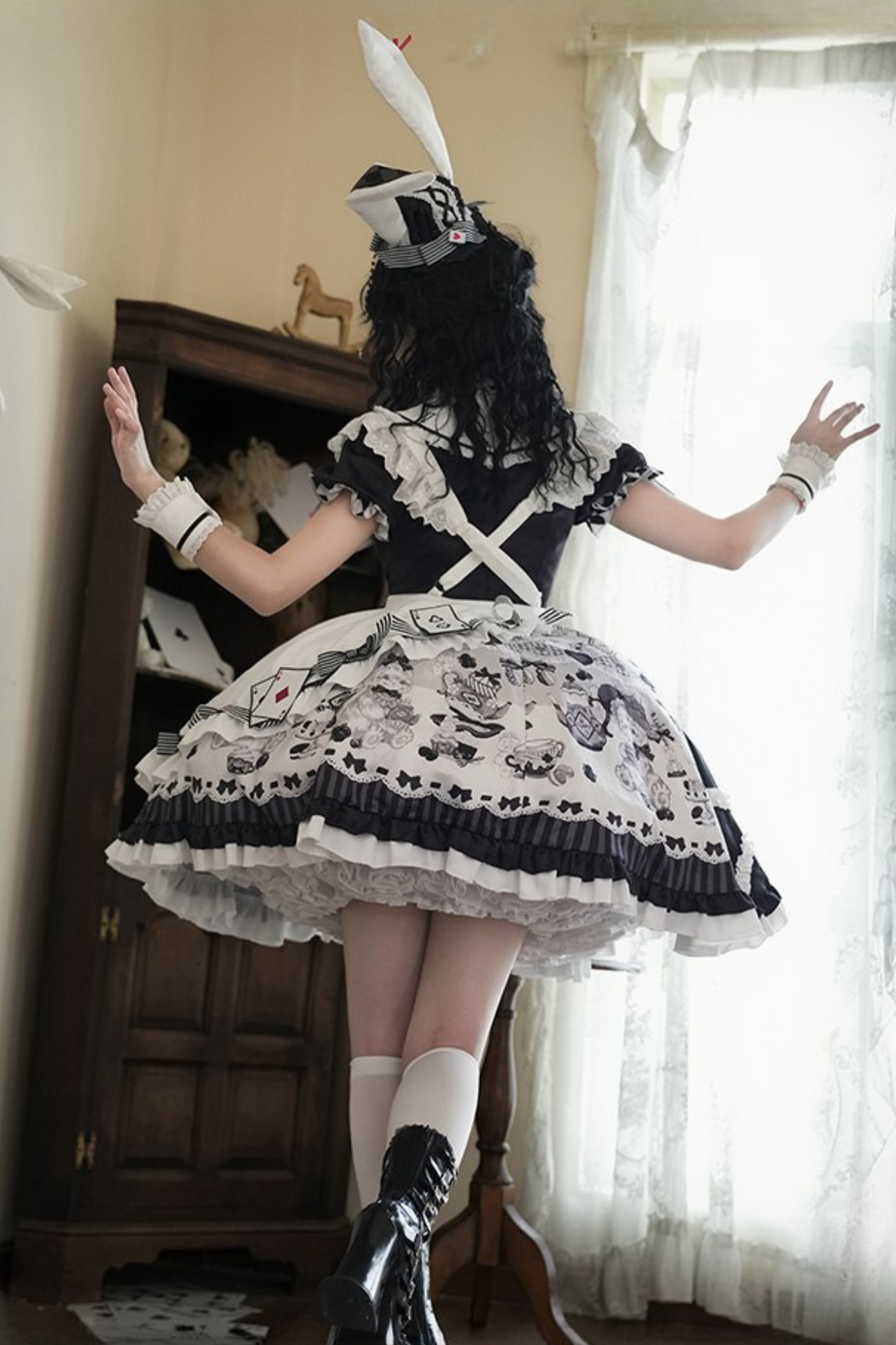 【数量限定】アリスティーパーティーアシメエプロンドレス＋うさ耳ハットドレスフルセット