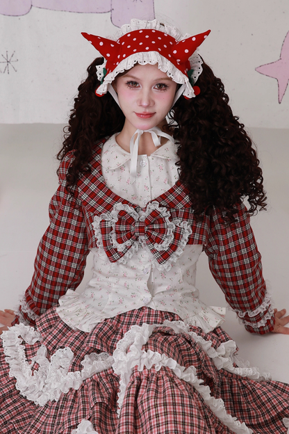 レトロチェックレースリボンショートジャケット