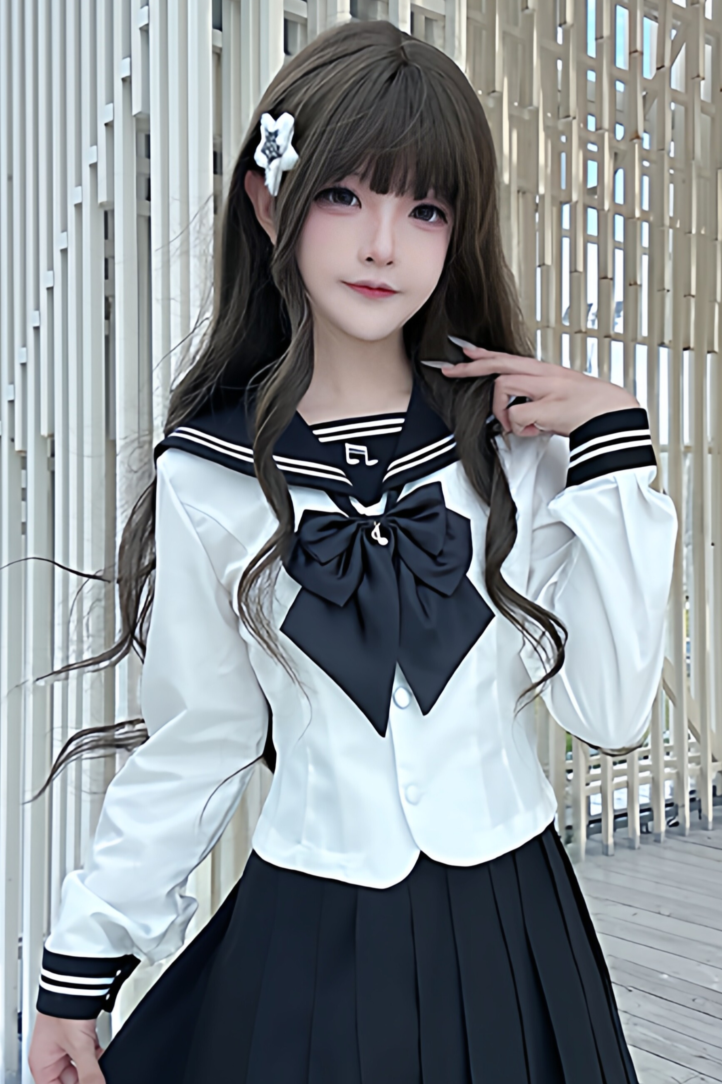 긴소매 세일러 탑 + 스커트 + 리본