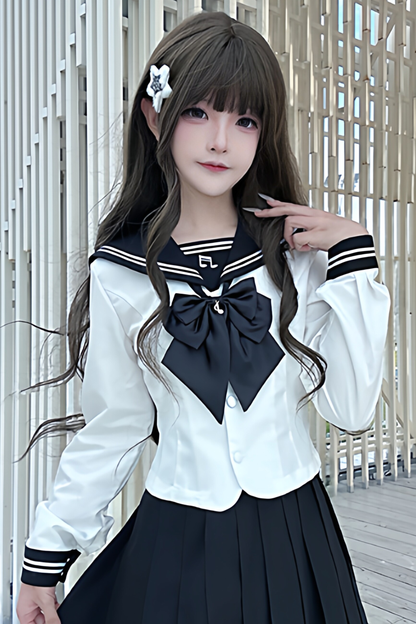 긴소매 세일러 탑 + 스커트 + 리본