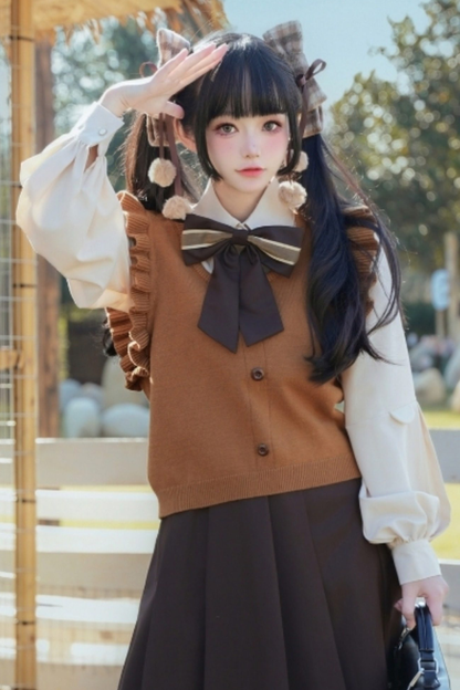 ファーカラーケープ＋ニットベスト＋シャツ＋プリーツスカート＋リボン