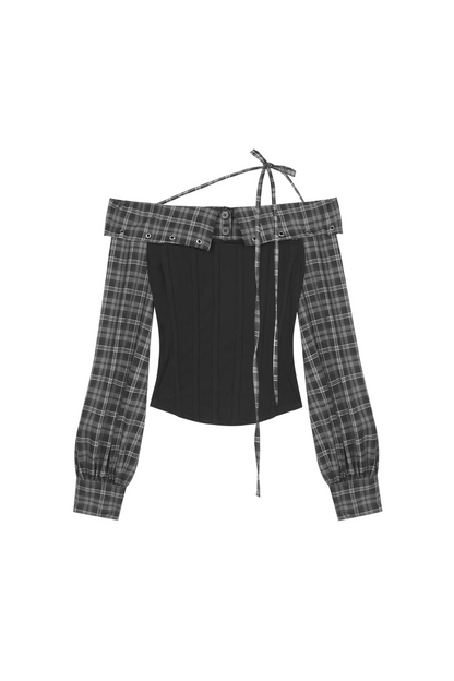 チェックオフショルダーシャツトップス