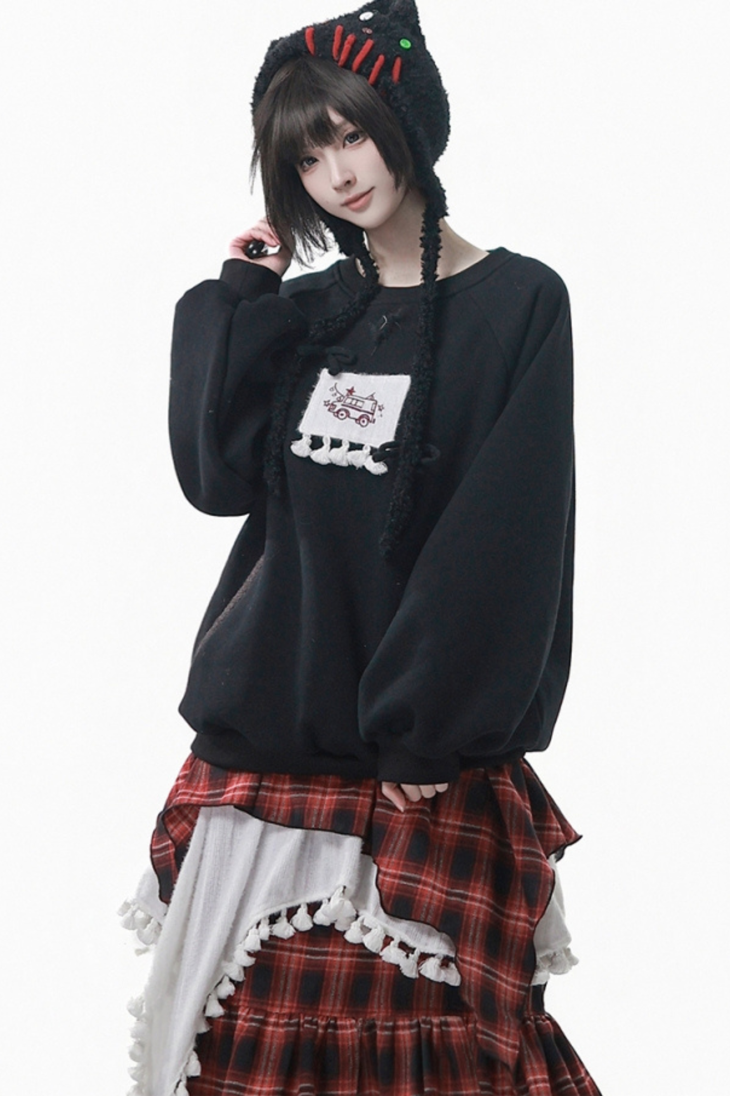 ルーズフリーススウェット+チェックスカート