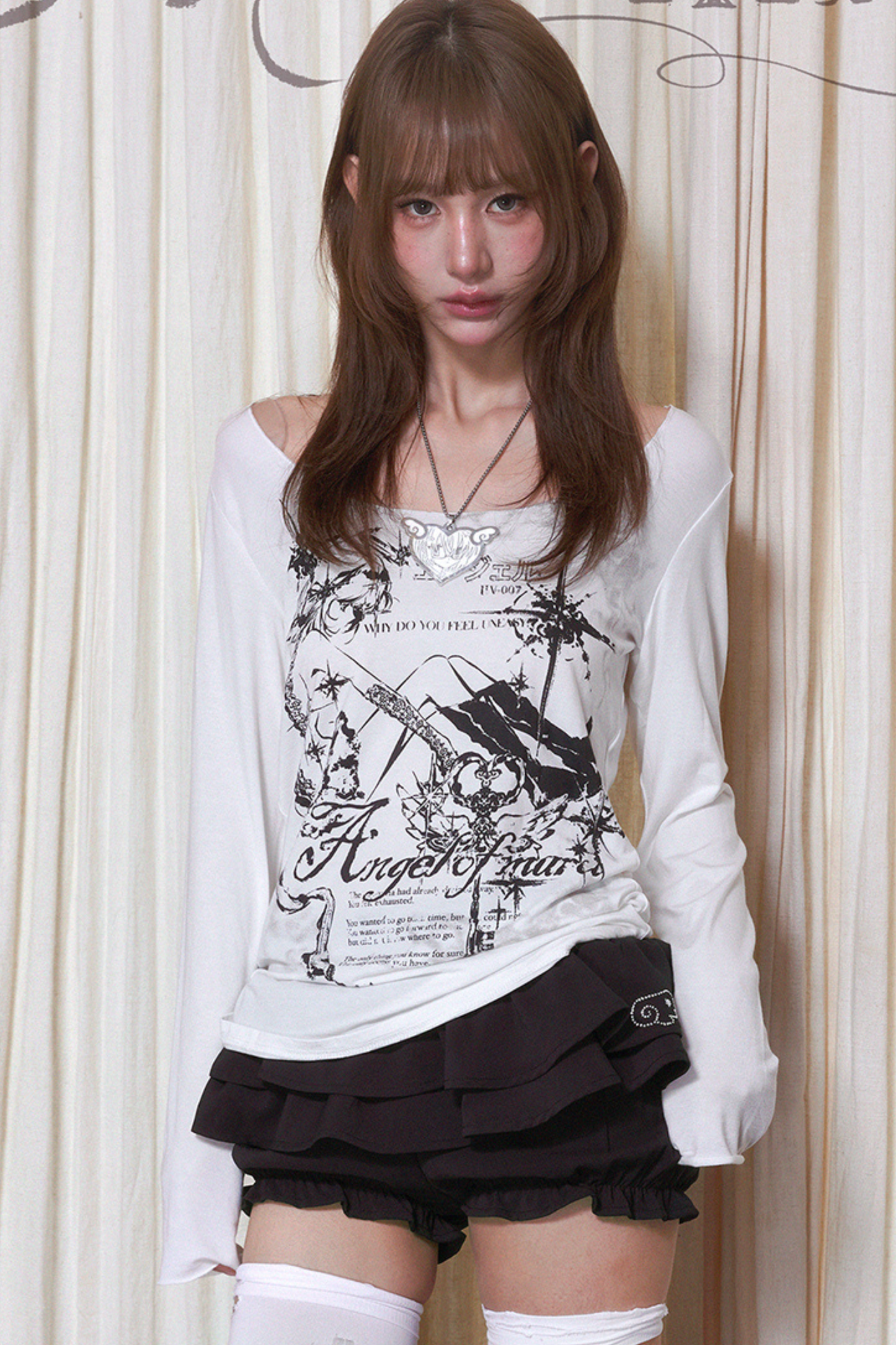 ブロークンエンジェルプリントドロップショルダートップス