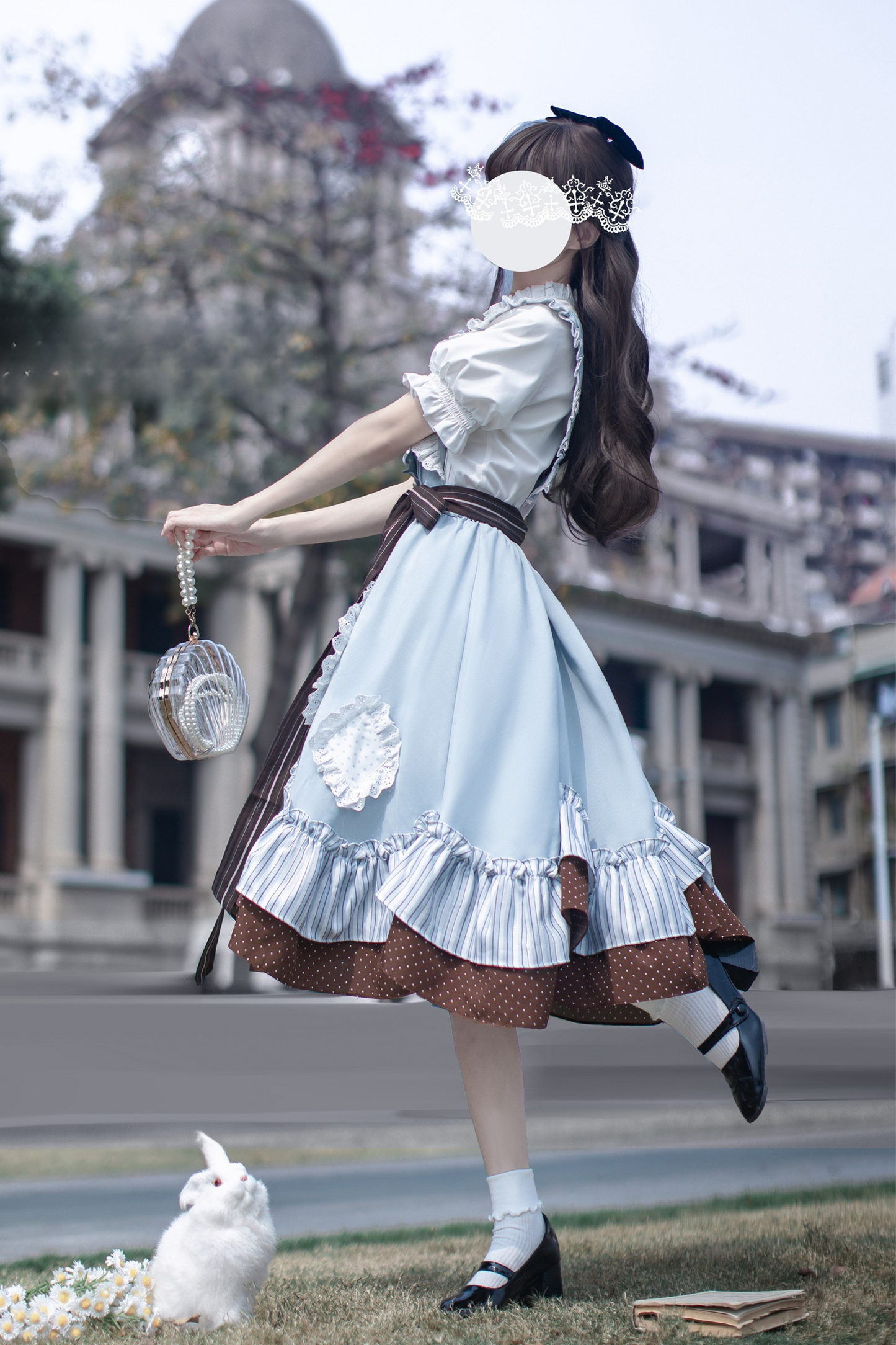 【予約商品】レトロアリス風サスペンダースカート＋シャツ＋リボンネクタイ＋ブローチ＋ヘアクリップ