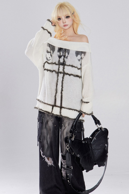 Skull Head White Lazy One Shoulder Sweater