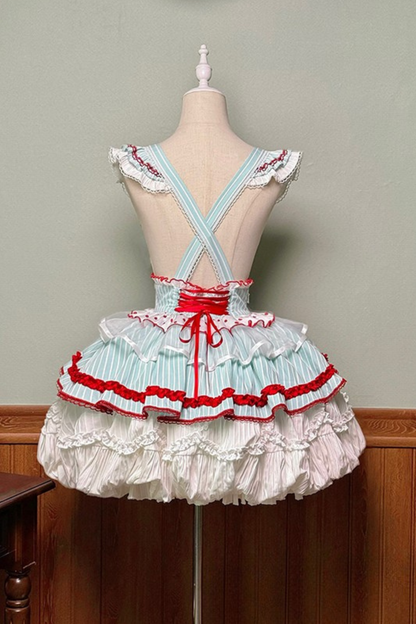 [Pre-order Deadline: September 27] Twin Tiered Lolita Dot Ribbon Striped Dress + Flower Bud Skirt Dress